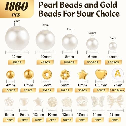 Funtopia 1860pcs Beads Bracelet Making Kit, 5 Sizes Round White Pearl Beads, Multi-shape Pearls and Gold Spacer Bead, Assorted Bead for Jewelry Making, DIY Art Crafts for Women Girls thumbnail 4