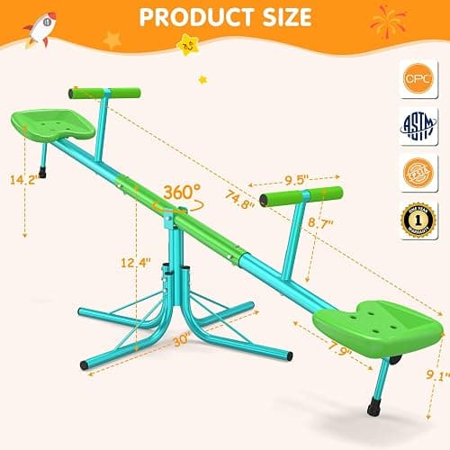 Amictoy Seesaw, Sit and Spin Teeter Totter, 3-Section Reinforced Frame for Enhanced Stability, Kids Outdoor Playground Equipment, Swiveling 360° Rotating for Ages 4-8, Safety Certified thumbnail 3