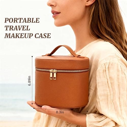 MaqSacion Makeup Bag Vanity Case for Women Leather Cosmetic Bag Makeup Organizer Case Portable Travel Toiletry Bag With Removable Compartments and Handle - Brown thumbnail 7