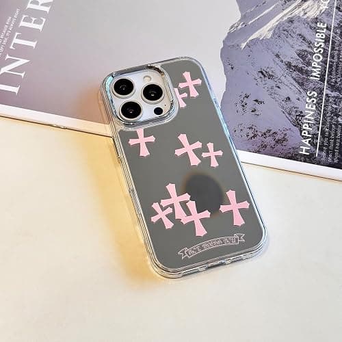 ezyuzy for iPhone 13/14 Phone Case, Bless Cross Design with Glossy Finish Phone Cover Mirror Back Shockproof Protective Case for Girls Women, Pink thumbnail 6