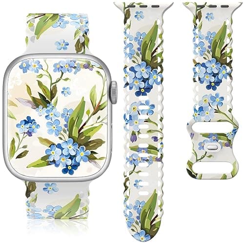 Floral Band Compatible with Apple Watch Band 38mm 40mm 41mm 42mm 44mm 45mm 46mm 49mm Women, Cute Flower Print Pattern Soft Lace Silicone Strap for iWatch Band Series Ultra 10 9 8 7 SE 6 5 4 3 2 1 - Image 1