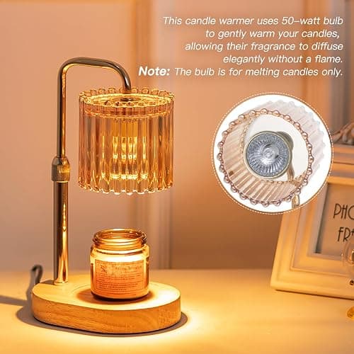Candeldo Candle Warmer Lamp with Timer: Candle Warmer with 2 Bulbs Height Adjustable Dimmable Wax Melt Gold House Warming Gifts New Home Bedroom Kitchen Decor Gifts for Women thumbnail 6