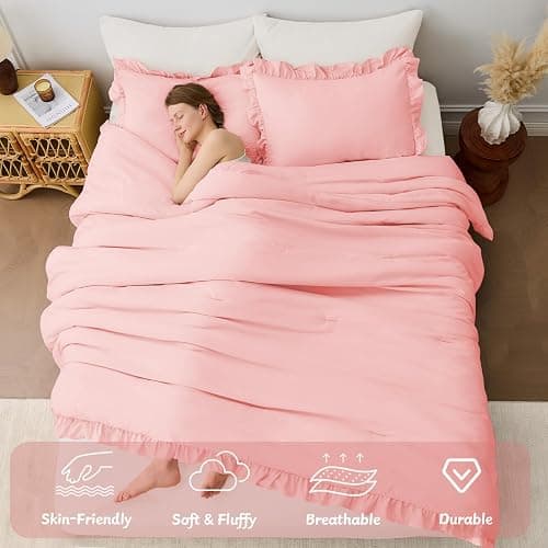 FUANNA Pink Queen Comforter Set, 3 Pieces Ruffle Queen Bed Set, Fluffy Bed in a Bag Queen for All Seasons, Shabby Chic Bedding Comforter Sets with 1 Lightweight Comforter & 2 Pillowshams thumbnail 4