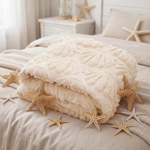 Gilprop Seashell Blanket Throw Coastal Beachy Themed White Shell Soft Fuzzy Plush Faux Fur Cozy Blanket for Couch Sofa Bed Lounging Ideal Gifts for Summer Holiday Adults Wife Self 50 x 60 Inches thumbnail 5