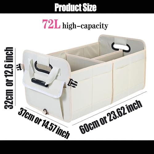 Zhiyanz Car Suv Trunk Organizer,Sturdy Storage Organizer for Car Accessories,Tools,Sundries.Upgraded 4 Carrying Handles,72L,Foldable,Waterproof,Multi Compartment,2 Straps for Fixation (Beige) thumbnail 2