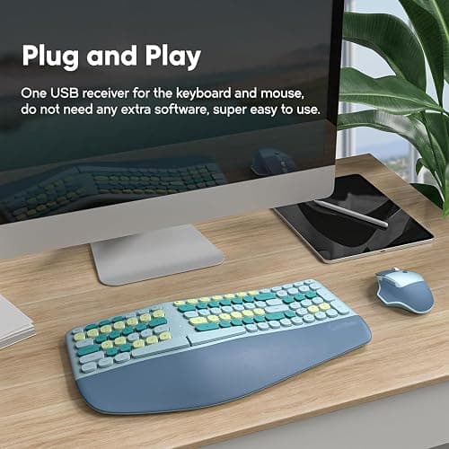 Wireless Ergonomic Keyboard and Mouse Combo with PU Wrist Rest, Carpal Tunnel Keyboard, 2.4G Colorful Split Ergo Keyboard, Comfortable Natural Typing, Compatible with PC/Laptop (Blue) thumbnail 5