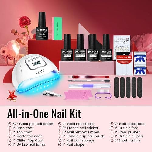 JODSONE Gel Nail Polish Kit with U V Light 32 Colors Gel Polish Nail + 4 Functional Adhesive Bottles Kit Soak Off Manicure Tools Gifts for Women thumbnail 3