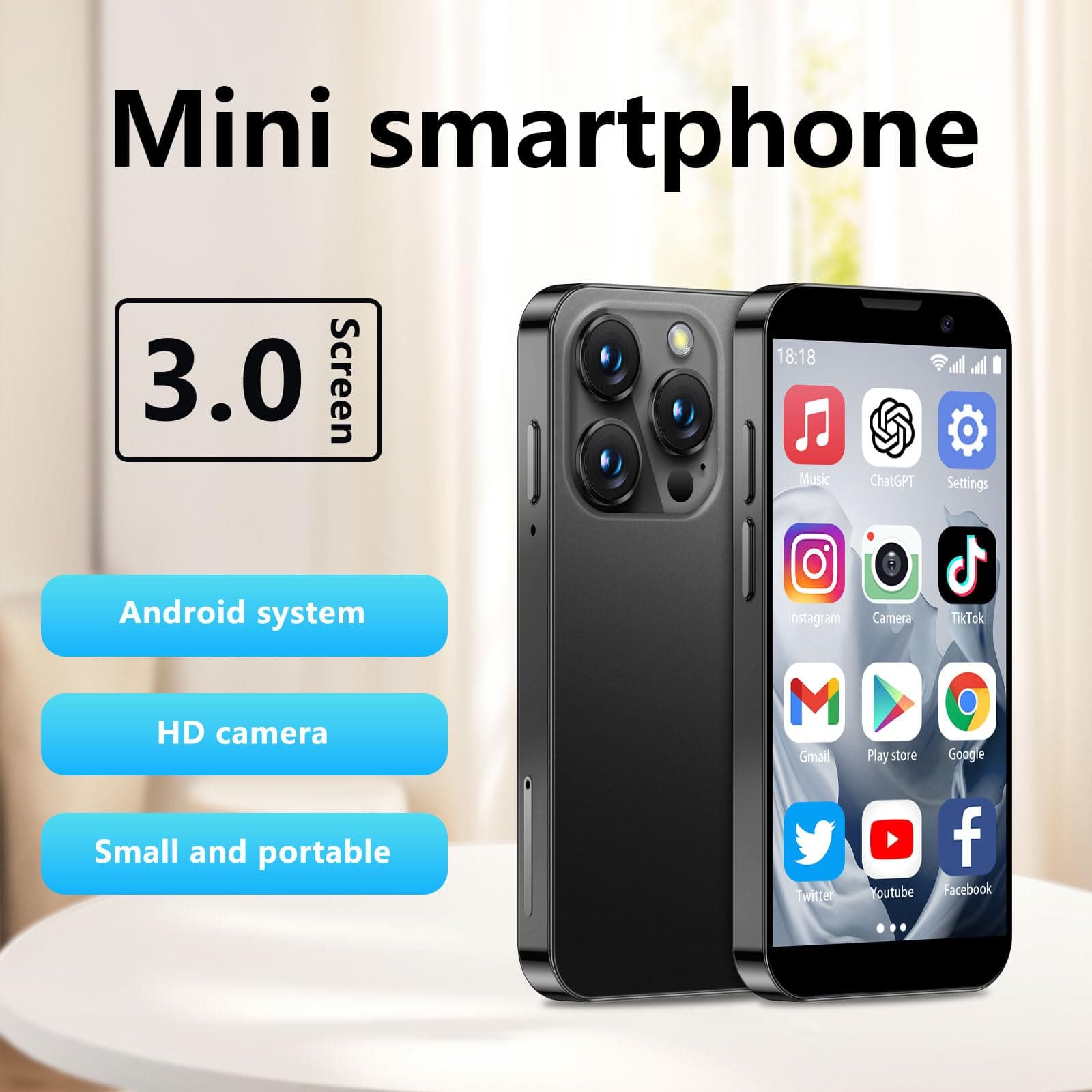 3.0” HD Touch Screen Mini Smartphone, Unlocked Android Mini Phone, Face Recognition, Dual SIM, WiFi, GPRS, Ultra-Thin Body for Kids Phone, Cell Phone with Quad-Core Pink thumbnail 2