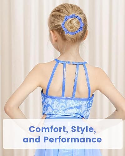 Gogokids Girls 3 PCS Halter Gymnastics Set, Kids Gymnastics Leotard with Rhinestone & Mesh Floral Design, Sparkling Ballet Unitards Includes Leotard, Chiffon Skirt & Hair Tie Gymnastics Gifts for 3-12 thumbnail 7