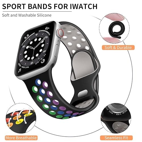 Lerobo Compatible for Apple Watch Band 45mm 44mm 11 10 46mm 42mm 49mm Ultra 3 2,Soft Silicone Sport Bands Wristband Replacement Strap for iWatch SE Series 9 8 7 6 5 4 3 2 1 Women Men,Black/Rainbow,M/L thumbnail 8