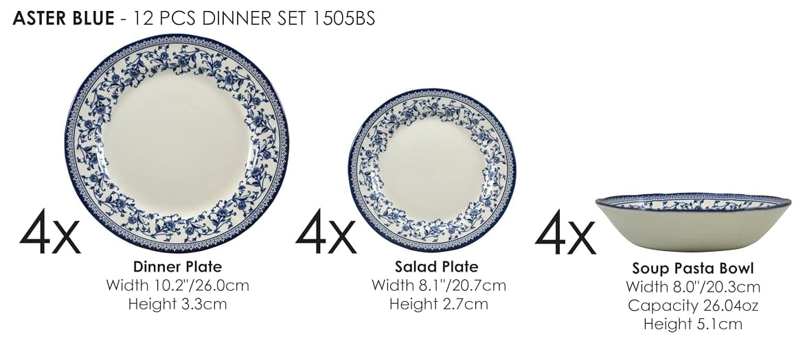 Tudor Royal 12-Piece Round Porcelain Dinnerware Set, Service for 4 - Aster BlueDesign, Multicolor Floral, Plates Bowls Mugs Dishes, Premium Quality Tableware, Unique Pattern, Glossy thumbnail 3