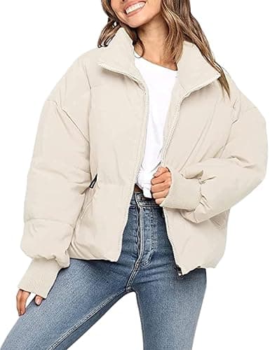 InterNos Women's Winter Stand Collar Zip Puffer Jacket Baggy Short Padded Down Coats - Image 1