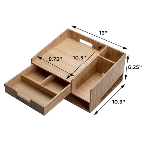 MobileVision Bamboo Telephone Stand With Drawer Paper Tray & Pencil Holder Storage Solution for office products pens scissors staplers notepads business cards & more - Bamboo Stand + Drawer + Tray thumbnail 3