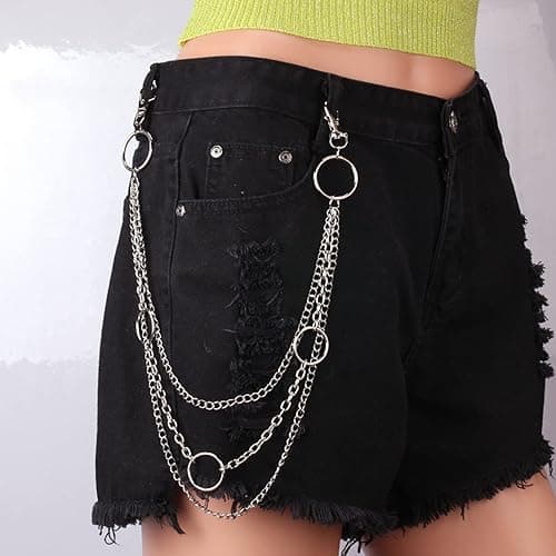VEINTI+1 5 Pieces Silver Jeans Pants Chain Belt Goth Grunge Chain Pocket Waist Chain with Star Moon Snake Lock Decorations for Women/Men - Star Lock thumbnail 5