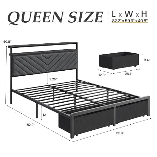 Fluest Queen Bed Frame with Storage Drawers, Upholstered Headboard with Charging Station, LED Lights, Fabric Drawers with Wheels, Under Bed Storage, No Box Spring Needed, Easy Assembly, Grey thumbnail 2