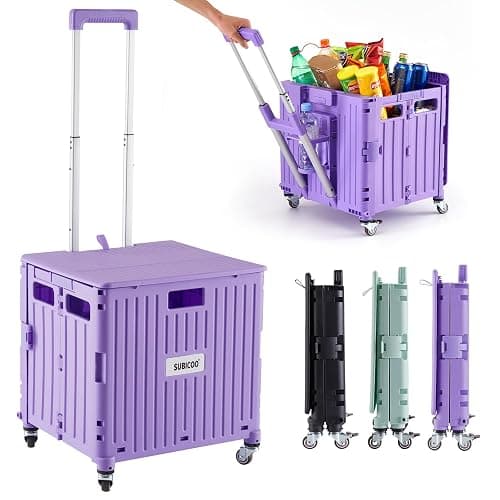 Folding Utility Cart Portable Rolling Crate Handcart Shopping Trolley Collapsible Tool Box, with Lid, Basket on 4 Rotate Wheels, for Grocery, Shopping, Office, Storage, Teacher (Purple) - Image 1
