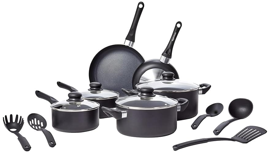 Amazon Basics Ceramic Non-Stick Cookware 15-Piece Set, Pots, Pans and Utensils, Black - Image 1