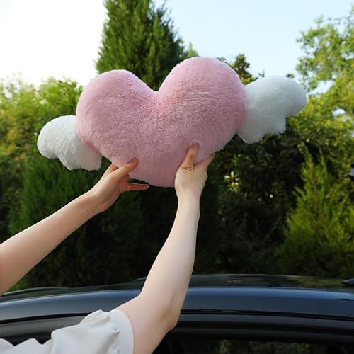 2 Pack Heart Shaped Cute Car Headrest Pillow with Angel Wings - Comfortable Soft Head Rest Cushion Kawaii Car Accessories Neck Pillow for Driving Travelling Office Home Decor - Pink Love Heart thumbnail 5