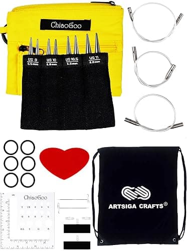 ChiaoGoo Twist Red Lace Shorties 3-Inch Large Yellow 7230-L Interchangeable Knitting Needle Set, US 9, 10, 10.5, 11 Stainless Steel with 3 Swiv360 Cables with Project Bag - Image 1