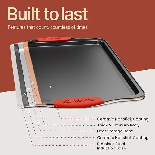 Baking Set – 10 Piece Kitchen Oven Bakeware Set – Deluxe Non-Stick Blue Coating Inside and Outside – Carbon Steel – Red Silicone Handles – PFOA PFOS and PTFE Free by Bakken,Black thumbnail 9