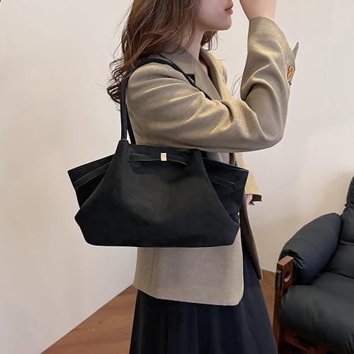 Makukke Kunstwildleder Tote Bag, Kunstwildleder Tasche Damen Hobo Handtasche Damen Mittelgroß Vintage Schultertasche Slouchy Bag für Arbeit Büro Reisen Einkaufen Schule - Kaffee thumbnail 4