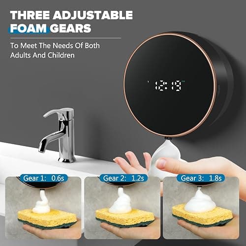 Automatic Soap Dispenser Foam Bathroom: Wall Mount Rechargeable Touchless Adjustable Auto Smart Electric Plastic Black Foaming Soap Dispenser with Clock - Kitchen - Hand Dish Lotion Couple Kids thumbnail 4