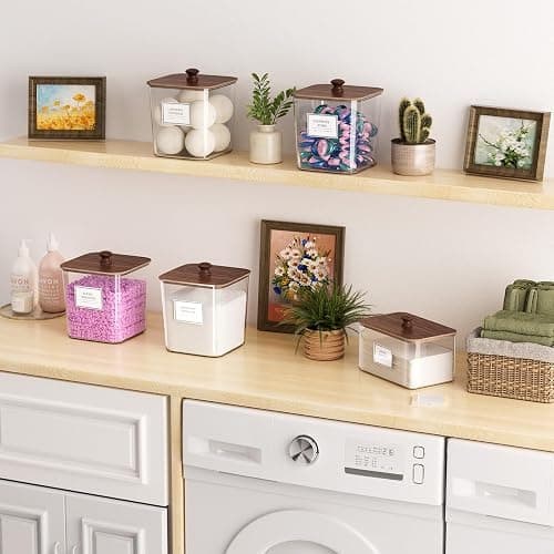 Laundry Pods Storage Container, Clear Laundry Room Organization and Storage,Detergent Powder Container,with Wooden Lids & Labels, 3+1 Pack（Dark Brown） thumbnail 6