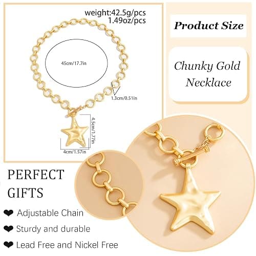 JAVARNV Star Necklace Chunky Gold Statement Necklaces Punk Star Pendant Gold Chain Necklaces for Women Trendy Christmas Jewelry for Dress Sweaters Shirts Stocking Stuffers Gifts for Women thumbnail 6