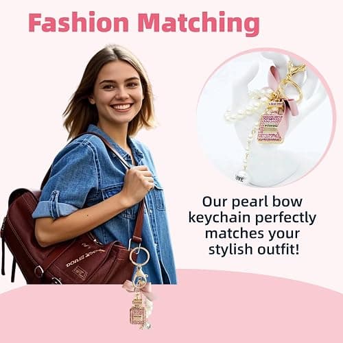 KASTANNY Elegant Pink Bow Keychain Set with Perfume Style Pendant, Luxury Perfume Bottle Shaped Pearl Keychain, car accessories for women or Bow Handbag Charms thumbnail 2