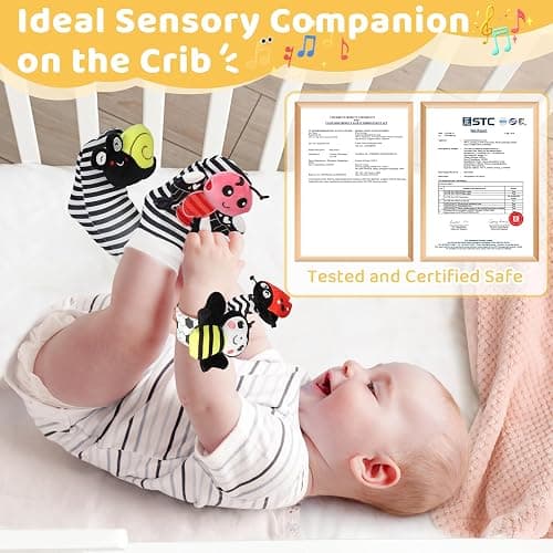 URMYWO Wrist Rattles for Baby - Rattle Socks - Foot Finder Set - High Contrast Black and White Baby Toys for 0-12 Months Infant - Newborn Essentials - Sensery Toys for Boys and Girls as Shower Gifts thumbnail 6