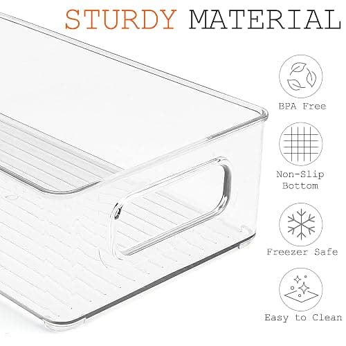 LotFancy Refrigerator Organizer Bins, 4 Pack,10x6x3 in, BPA Free Clear Plastic Storage Bins for Pantry Organization, Stackable Containers with Handles for Fridge, Kitchen Drawer, Freezer, Cabinet - 10'' x 6'' x 3'' thumbnail 3