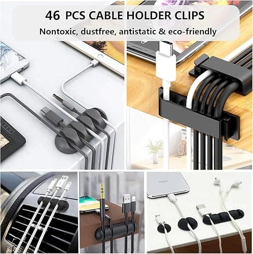 Cord Management Organizer Kit 4 Cable Sleeve split 192PCS Cable Management | 41Self Adhesive Cable Clips Holder, 10pcs and 2 Roll Self Adhesive tie ,100 Fastening Cable Ties, for TV Office Car Desk Home thumbnail 2