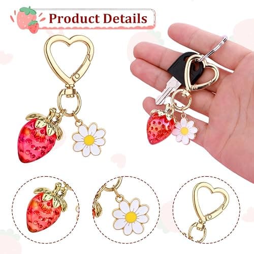 Apausvcm Cute Strawberry Keychain, Bag Purse Charms Kawaii Heart daisy flower Key Chains Accessories Strawberry Shortcake Decor for Handbags Backpack Women Girls Gift thumbnail 3