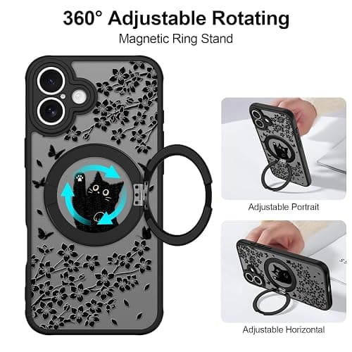 Heaofei Cute Case for iPhone 16 Plus Case with Stand [ Compatible with MagSafe ] Kawaii Black Cat & Floral & Butterflies Pattern Design 360 Magnetic Ring Kickstand Phone Cover for Women Girls Boys thumbnail 3