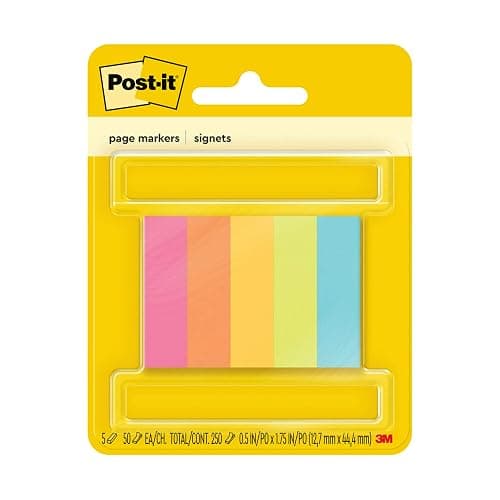 Post-it Page Markers, Assorted Colors, 1/2 in x 2 in, 50 Sheets/Pad, 5 Pads/Pack (670-5AF) - Image 1