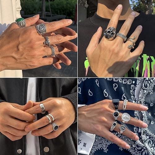 KISS WIFE Halloween Vintage Silver Punk Rings Set for Men, Cool Gothic Chunky Rings Bulk, Skull Snake Spade Ace Malachite Stackable Hippie Knuckle Rings Pack, Trendy Men's Jewelry Gift for Him thumbnail 6