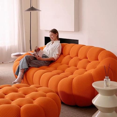Bubble Couch, Lazy Floor Sofa, Oversized Bubble Sofa, Modern Upholstered Comfy Mesh Fabric 3D Honeycomb Shape Curved Couch for Living Room, Office, Apartment (Orange) - 41"+49"+78"+98" - Orange thumbnail 5