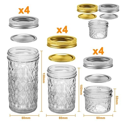 SPANLA 12 Pack Glass Mason Canning Jars With Regular Lids, Ideal for Jam, Jelly, Honey, Wedding Favors, Shower Favors, Baby Foods DIY Spice Jars - 4 OZ x 4, 8 OZ x 4, 12 OZ x 4 thumbnail 3