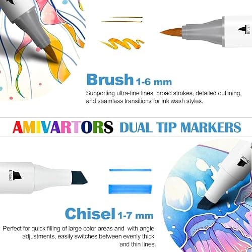 AMIVARTORS Alcohol Markers Brush Tip, 48 Colors Dual-Tip Artist Markers, Brush & Chisel, 3.5g Large-Capacity Ink, with Kickstand Case, For Adult Coloring, Sketching, Design, Comics and Gifts thumbnail 3