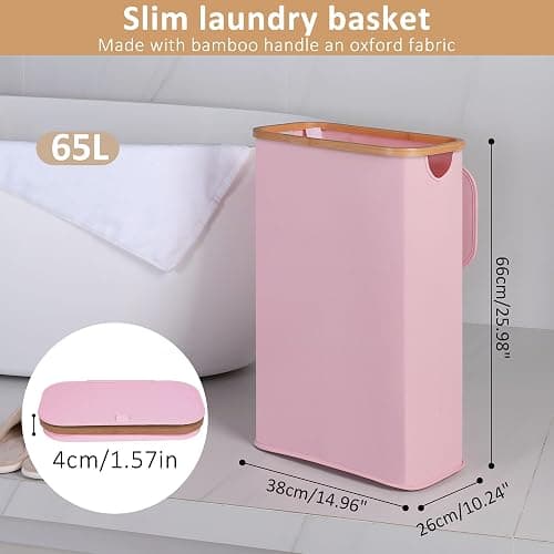 iEGrow 65L Slim Laundry Hamper, Narrow Laundry Basket with Lid,Foldable Clothes Hamper with Bamboo Handles,Hamper Basket with Removable Inner Bag for Laundry Room Bedroom College Dorm,17.17 Gals Pink thumbnail 3