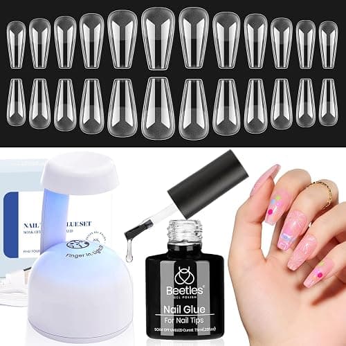 Beetles Gel Nail Kit Easy Nail Extension Set With Etch X Nail Tips 504Pcs Half Matte Medium Coffin Shaped Tips 5 in 1 Nail Glue Base Gel and Innovative Led Lamp Diy Art at Home Nail Kit - Image 1
