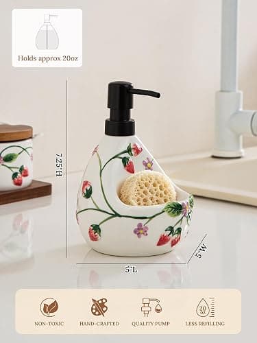 Ceramoira Strawberry Soap Dispenser with Sponge Holder for Countertop, 20oz | Artisanal Handmade, 2-in-1 Cute Lotion Pump, Ceramic Liquid Dispenser & Caddy Combo for Kitchen & Bathroom thumbnail 3