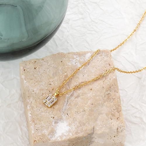 Tewiky Diamond Pendant Necklace for Women， Dainty Gold Layered Necklaces 14k Gold Plated Stacked Cuban Paperclip Chain Choker Necklaces Aesthetic Simple Gold Necklace Jewelry Gifts for Women - cz pendant gold thumbnail 6