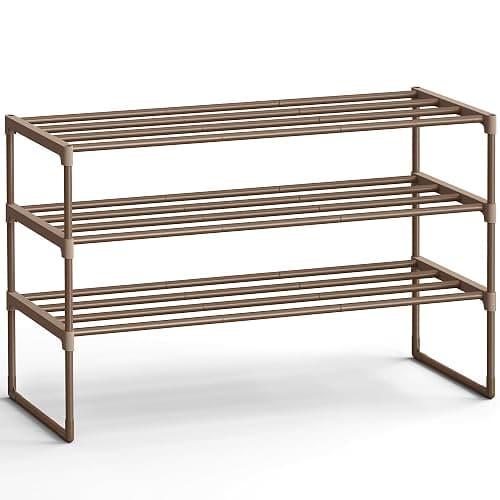 SONGMICS Shoe Rack, 3-Tier Shoe Organizer, Metal Storage Shelf | for Entryway, Upright or Upside Down, for 16-20 Pairs, Stackable, 11.8 x 36.2 x 21.7 Inches, Walnut Brown ULSA303K01 - Image 1