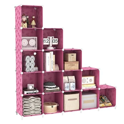 UNKU Cube Storage Organizer, 15 Cube Closet Organizer Storage Shelves, DIY Stackable Bookcase, Clothes Organizer Shelf for Closet, Bedroom, Living Room, Cabinet, Home, Office, Pink thumbnail 8