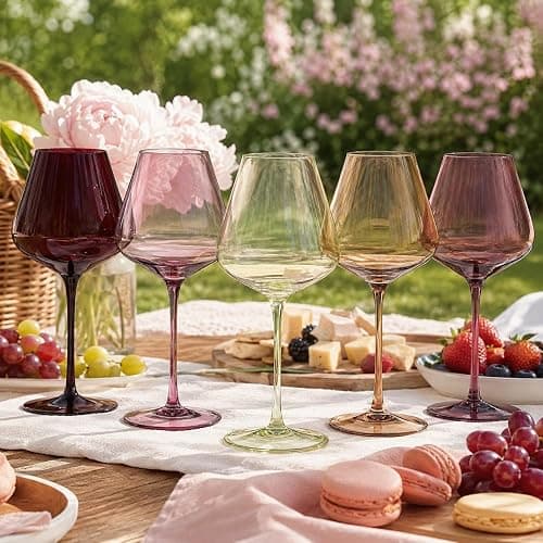 Terracotta Mars Collection Colored Crystal Wine Glass Set of 5, Gift For Him, Mom Dad Friend - 20 oz Glasses, Unique Italian Style Tall Drinkware - Red & White, Beautiful Glassware thumbnail 4