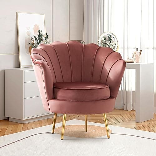 DAGONHIL Mid Century Modern Upholstered Accent Chair,Retro Leisure Velvet Single Sofa with Golden Metal Legs for Living Room/Bedroom/Makeup Room, Dusty Pink - Dusty Rose