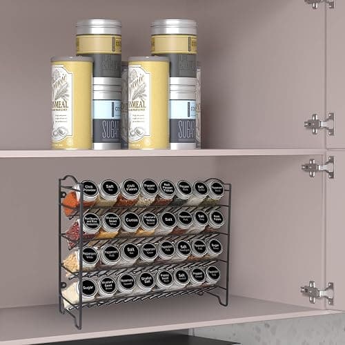 SWOMMOLY Spice Rack Organizer with 32 Glass Spice Jars, 396 Spice Labels, Chalk Marker and Funnel Complete Set, for Cabinet, Countertop, Cupboard or Wall Mount, Black thumbnail 2