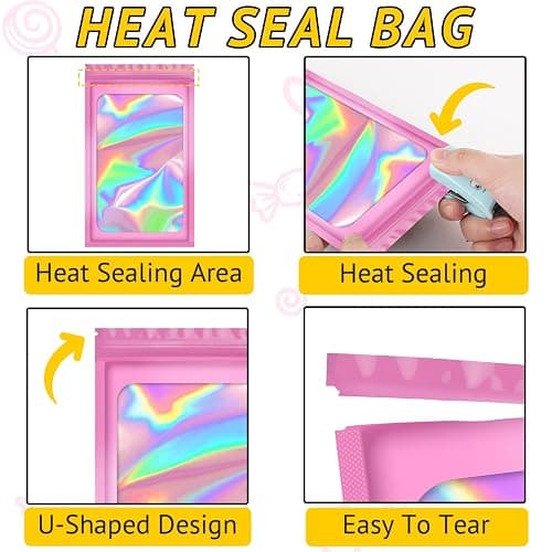 TIFICAL-Mylar-Bags, 100 PCS Holographic 2.4x3.9 Inch | Small Mylar Pouches, Resealable Bags for Small Business, Mini Pink Smell Proof Bag, Bracelet Pouch, Jewelry Sleeves, Sample Packs thumbnail 4