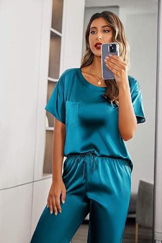 Ekouaer Womens Satin Silky Pajama Set Short Sleeve Shirt with Long Pajama Pant Set Soft PJ Loungewear thumbnail 2